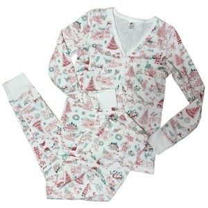 Gray Elephant Women’s Size XS White Santa Claus Print Henley Jogger Pajamas